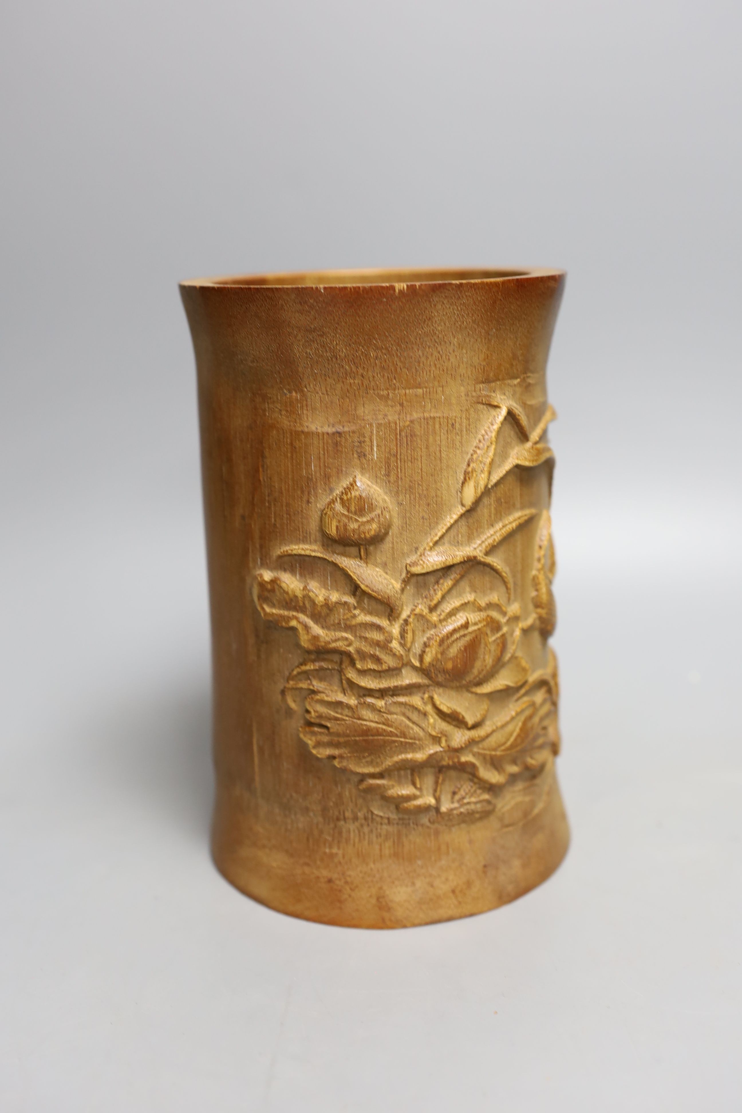 A Chinese bamboo ‘ koi’ brush pot - 18cm high